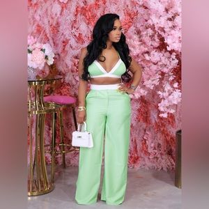 LIGHT GREEN SEXY BRA & WIDE LEG PANTS SET